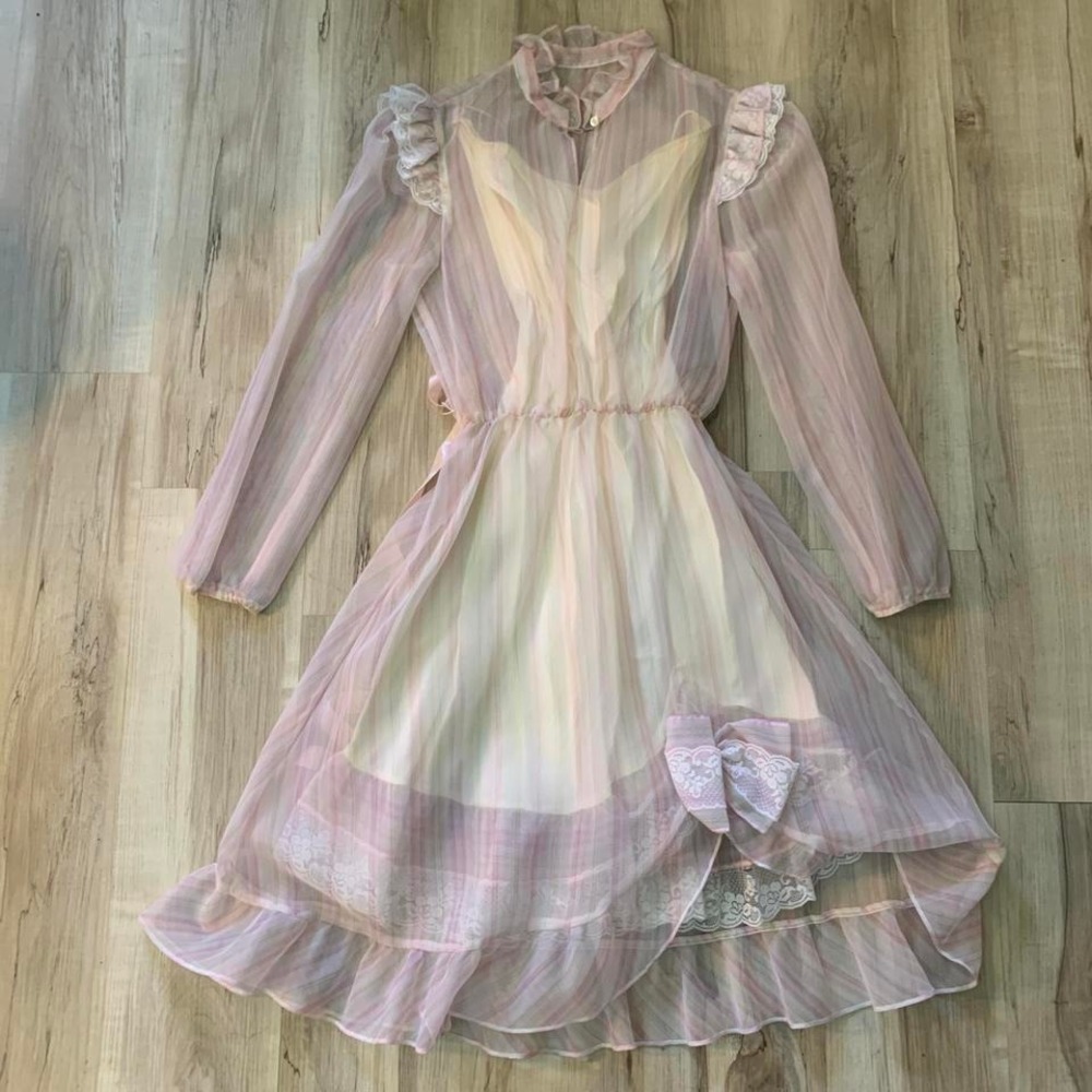 Vintage 1970's Pastel pink and white sheer, chiffon rainbow dress with bow